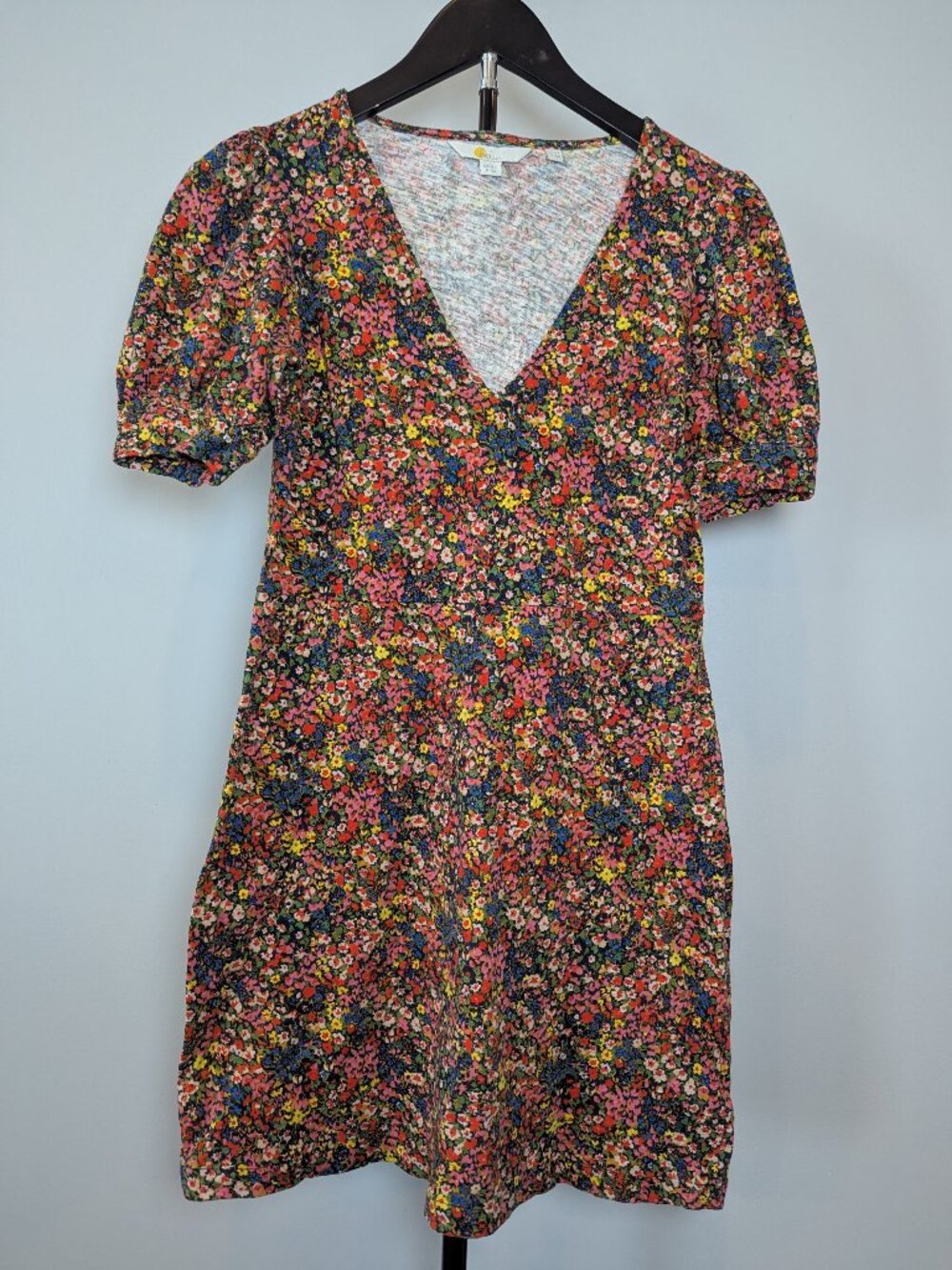 Boden Women's Size 2R Floral Jersey Mini Dress 100% Cotton Puff Sleeve Whimsical